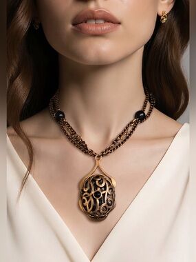 Jan Michaels San Francisco Brass & Black Stone Statement Pendant Necklace